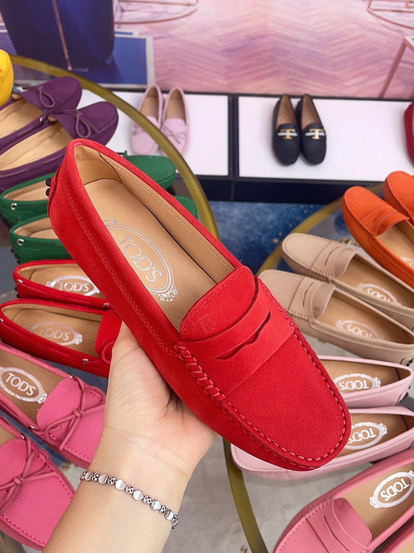Tod’s Classic Women’s Gommino Driving Loafers – Red Suede with Rubber Pebble Sole (Sizes 35–41)