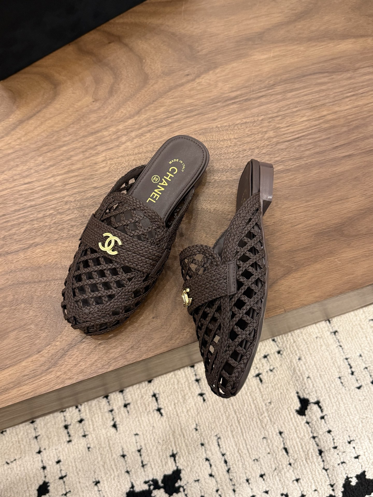 Chanel Woven Leather Slide Sandals – Dark Brown with Gold-Tone CC Logo, Italian Leather Sole (EU 35–39)