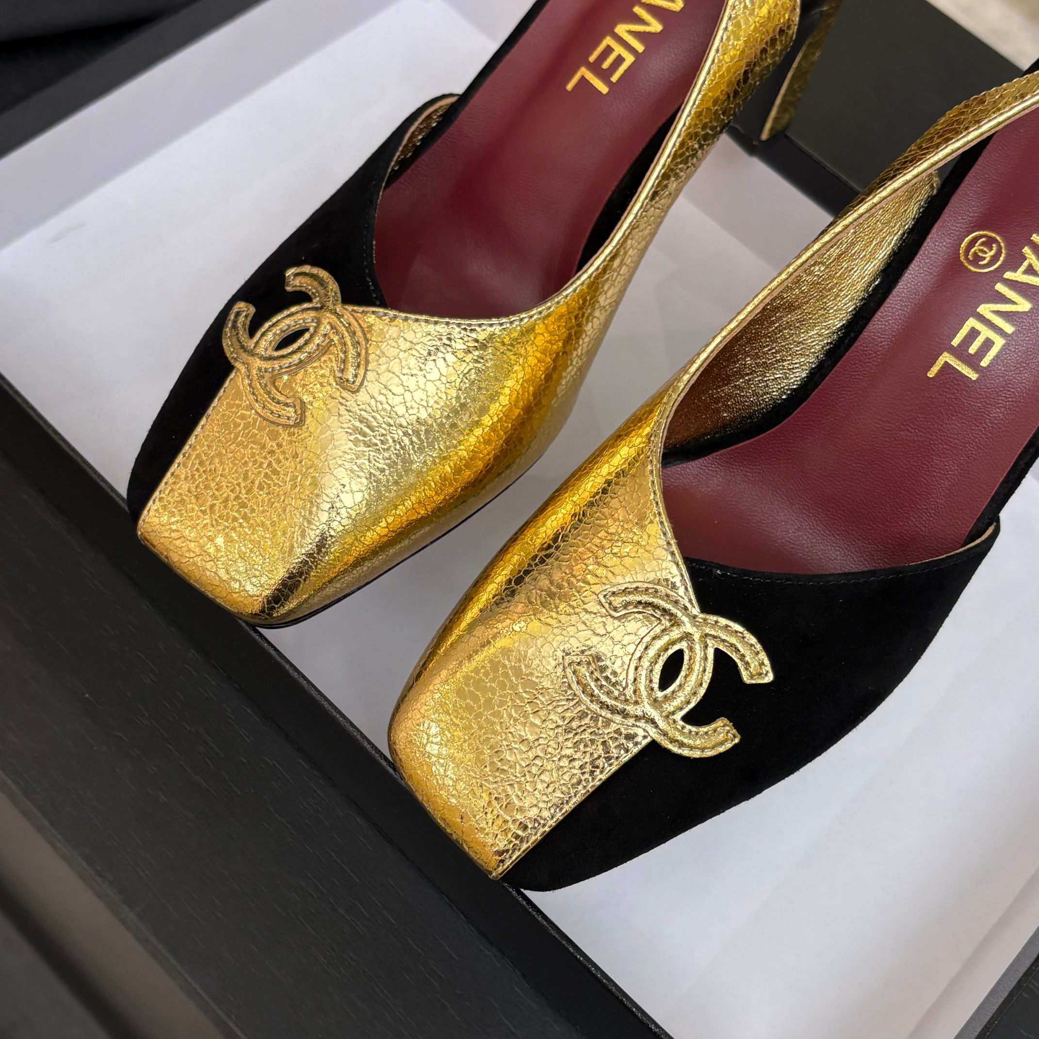 Chanel 26S Two-Tone Slingback Heels – Black Suede & Gold Metallic Leather with CC Logo, Square Toe (EU 35–39)