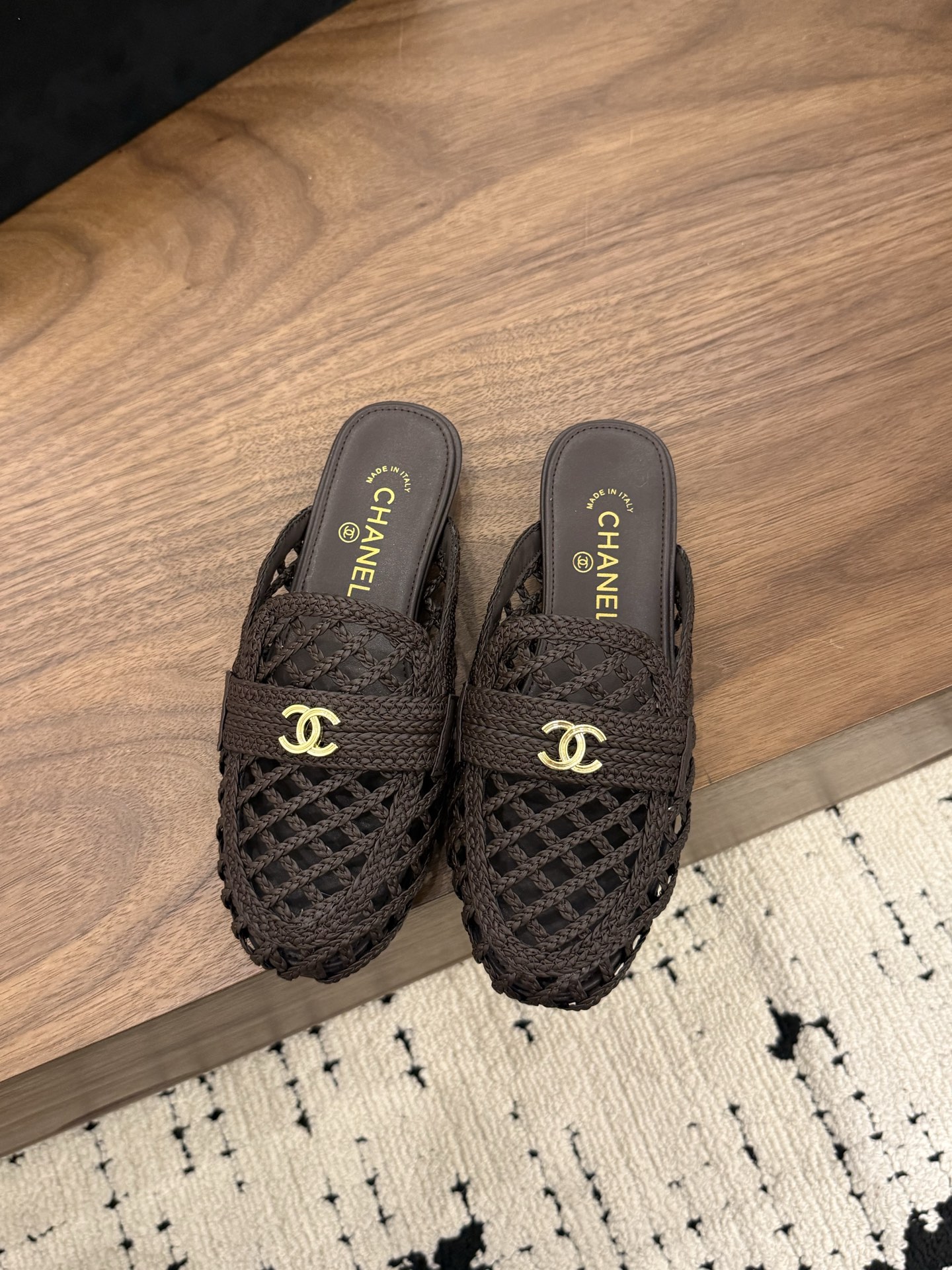 Chanel Woven Leather Slide Sandals – Dark Brown with Gold-Tone CC Logo, Italian Leather Sole (EU 35–39)