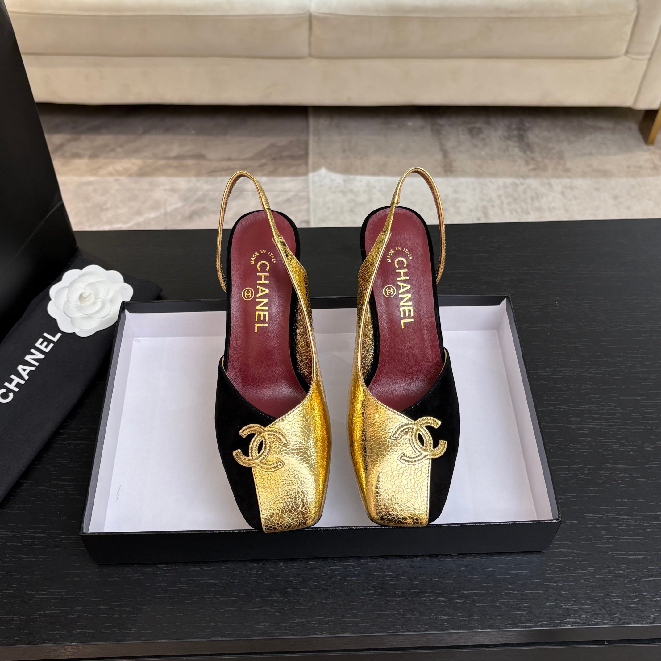 Chanel 26S Two-Tone Slingback Heels – Black Suede & Gold Metallic Leather with CC Logo, Square Toe (EU 35–39)