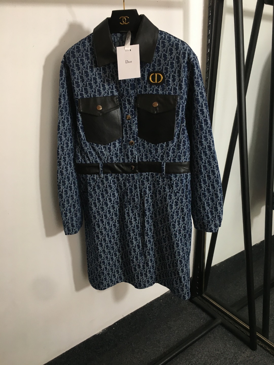 Christian Dior Oblique Monogram Denim Shirt Dress – Navy Blue with Leather Trim & Back Logo Band (Size M)