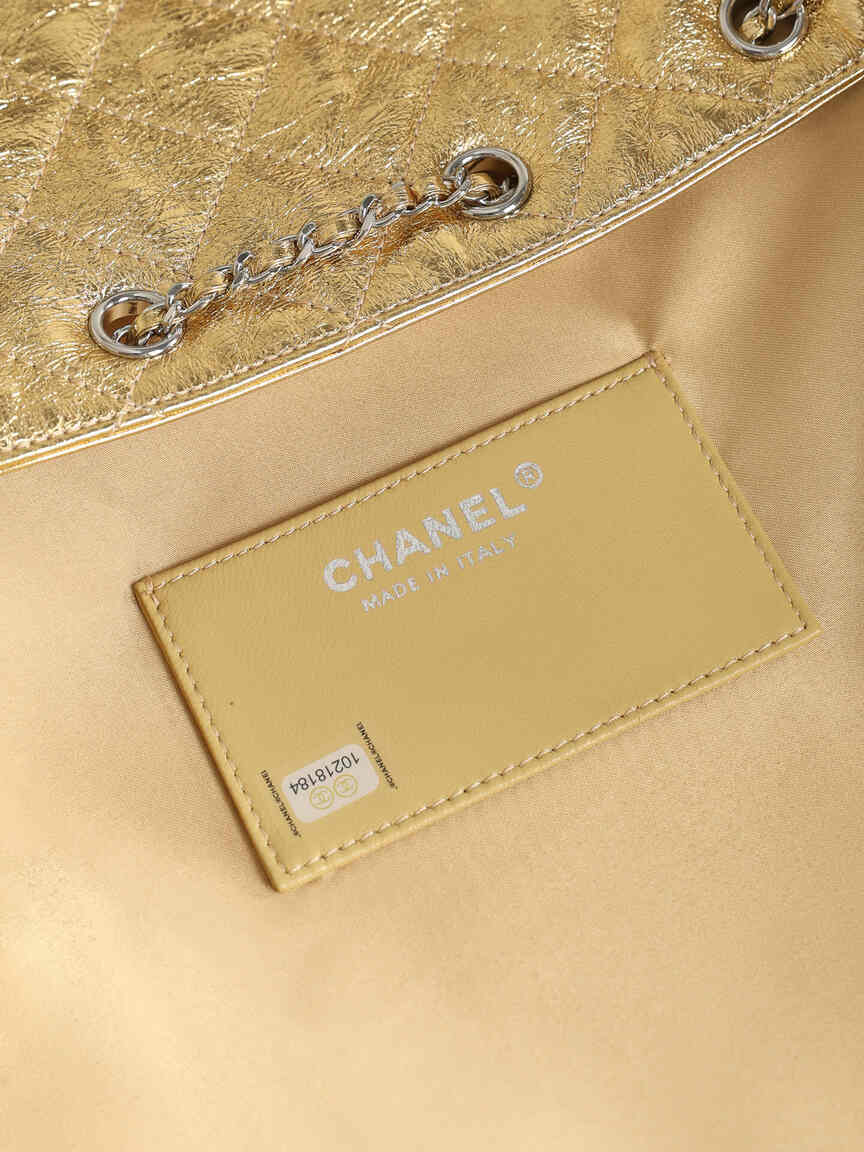 Chanel 25C Early Spring Collection – Gold Metallic Quilted Bucket Bag with Chain Strap & Adjustable Drawstring Closure (Model AS5311)